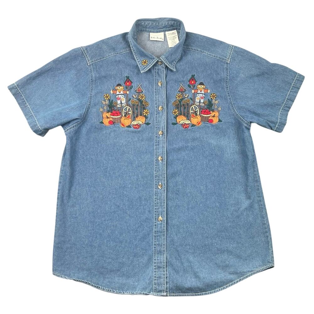 Vintage Bobbie Brooks Shirt Embroidered Fall Autumn Denim Button Front Top L